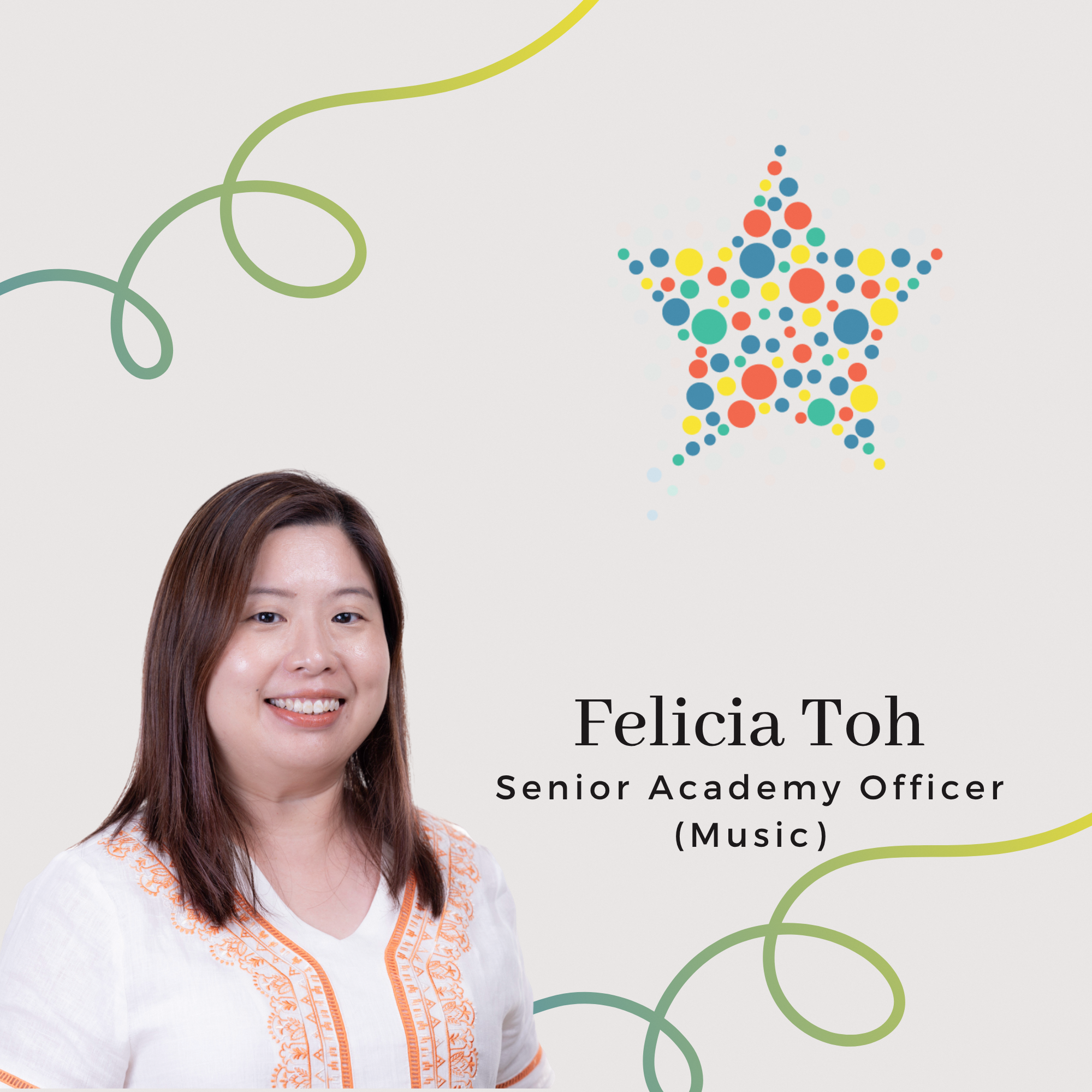 Profile photo of Felica Toh, Senior Academy Officer (Music). A portrait of her with shoulder length dark hair, smiling warmly at the camera and wearing a light coloured patterned top.
